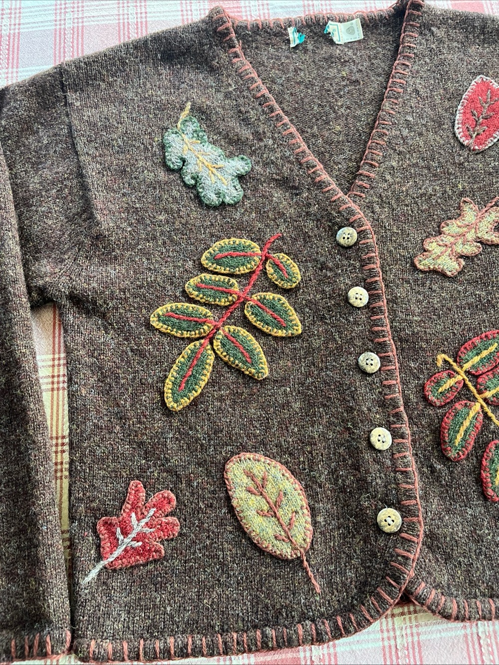 Vintage LL Bean Brown Wool Cardigan With Autumn Leaf Appliqué 100% Wool - Picture 2 of 10